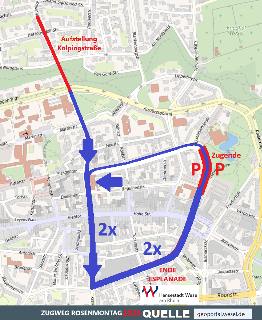 Zugweg des Weseler Rosenmontagszuges 2026